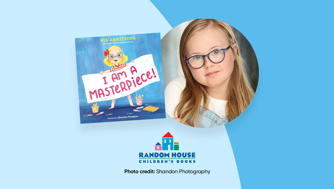 Mia Armstrong neben dem Buch I Am a Masterpiece und dem Logo für Random House Children's Books