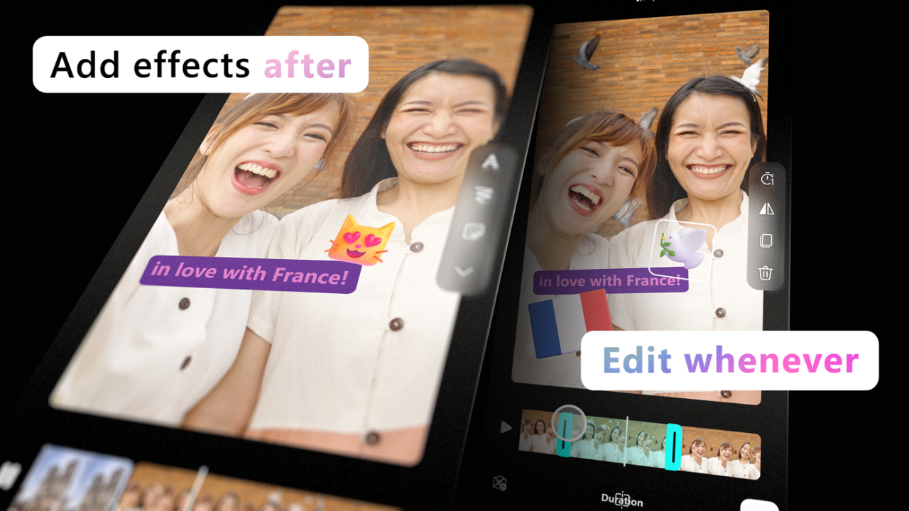 Screenshot of Flip camera demonstrating you can add effects after recording and edit whenever