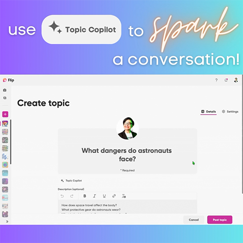 Screenshot of video showing how to use Topic Copilot to spark a conversation