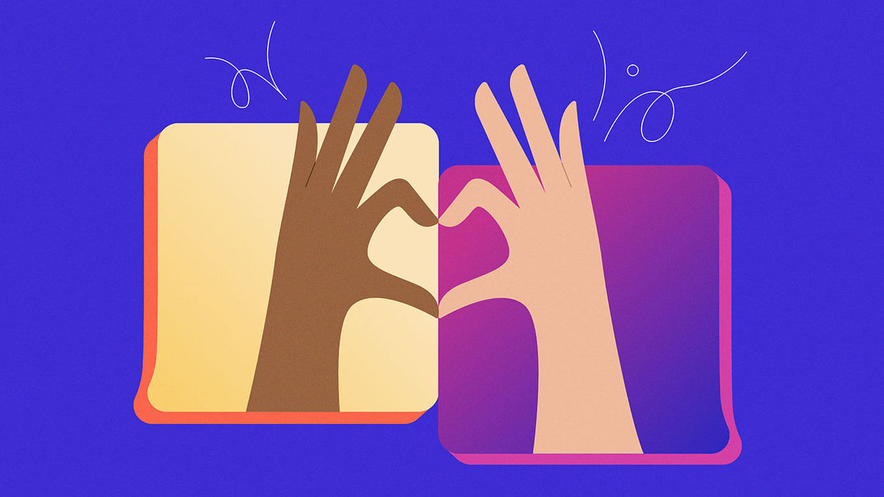 Illustration de deux mains de tons de peau différents se réunissant pour faire un signe de cœur avec leurs doigts